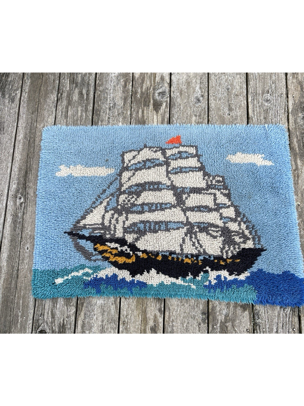 Vintage Hand Hooked Sailboat Rug Nautical Folk Art Wall Floor Pirate Ship